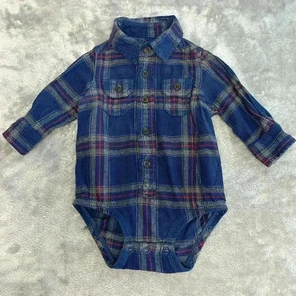 OshKosh B'gosh - long sleeve flannel button down onesie. Size 6 month - Picture 1 of 4